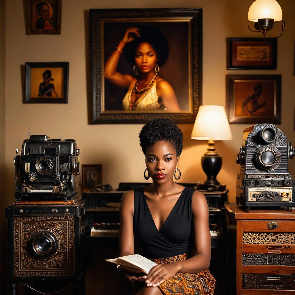 An elegant black woman confidently posing in a cozy, inviting room adorned with historical African art, rich textures, and warm lighting. Surrounding her are elements symbolizing genuine expression and empowerment, such as vintage cameras and typewriters, capturing the essence of authenticity in adult content creation. The ambiance should evoke a sense of creativity and boldness. vibrant colors. super-realistic.