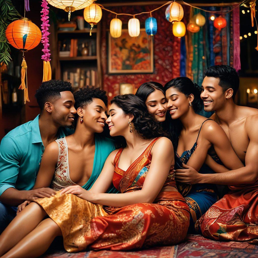 A vibrant and inclusive scene depicting a diverse group of couples engaging in intimate moments, celebrating love and connection. The background features a colorful celebration with elements symbolizing various cultures, such as traditional fabrics and art pieces. The lighting is soft and warm, enhancing the sense of intimacy and celebration. The characters are portrayed realistically, showcasing a range of skin tones and body types, embodying the theme of diversity in adult films. super-realistic. vibrant colors. warm lighting.