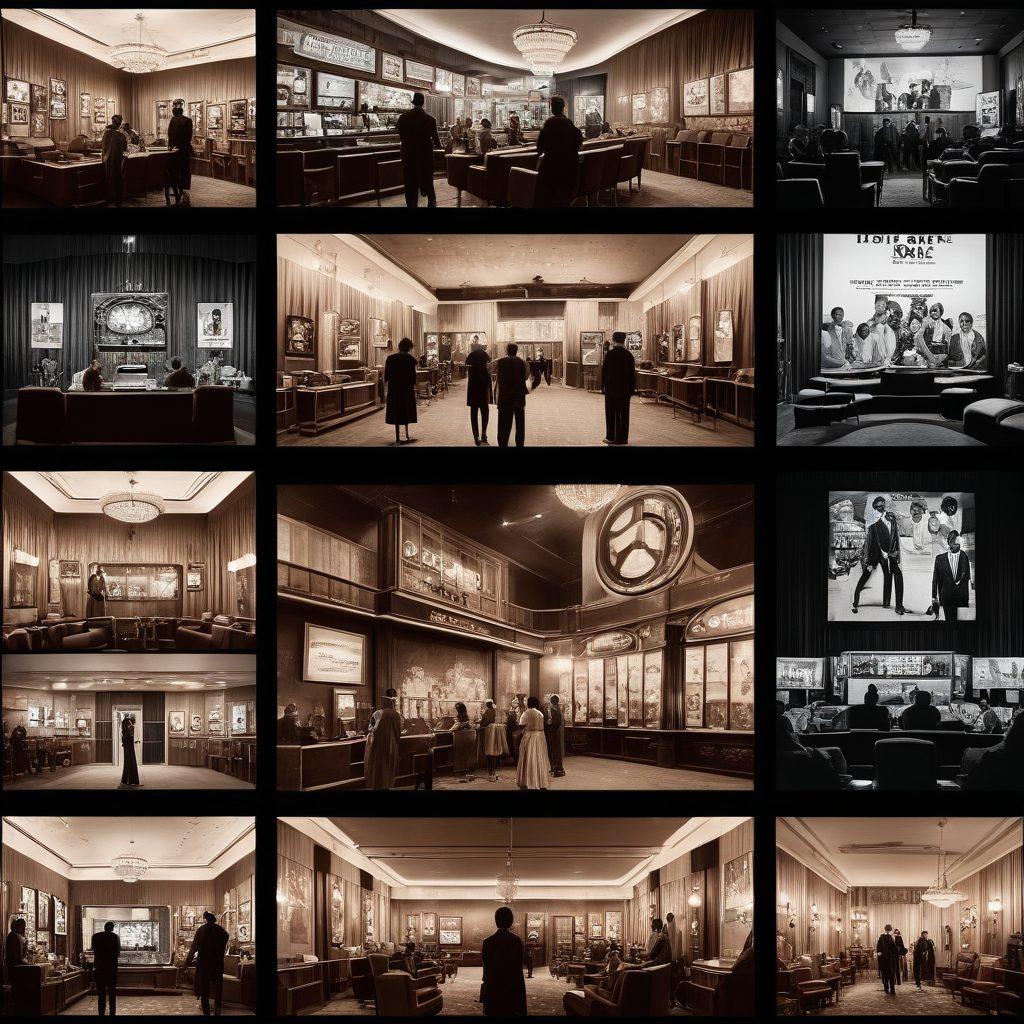 A dynamic collage that illustrates the history and evolution of Black adult cinema, featuring iconic film stills from different eras, transitioning from grainy black and white censorship to vibrant, unfiltered scenes. Include a film reel symbolizing the passage of time, surrounded by cultural artifacts representing the diverse narratives in the genre. The background should reflect a cinematic atmosphere with spotlights and velvet curtains. vibrant colors. retro style. artistic blend.